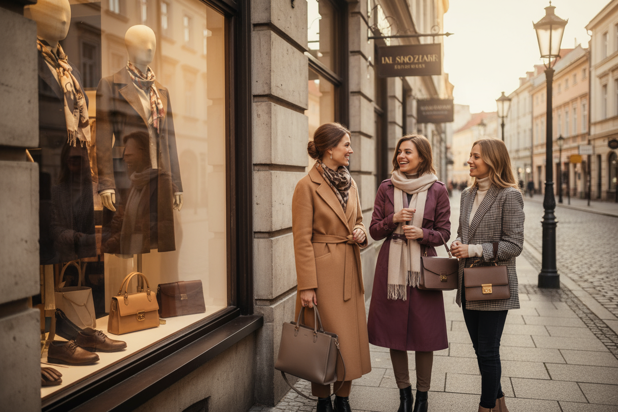 A realistic photo of happy Polish women standing outside a classic fashion boutique with elegant window displays, similar to a stylish old European street.
The women are smiling and chatting, wearing fashionable autumn outfits — coats, scarves, handbags.
Natural daylight, warm tones, realistic Central European faces, authentic atmosphere, DSLR fashion photography, 4K resolution.